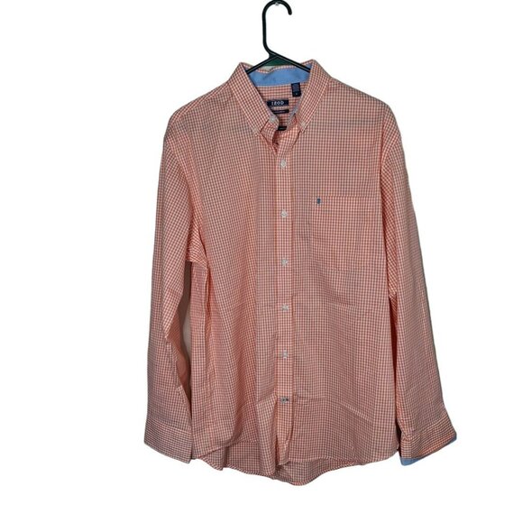 Izod Mens Collared Shirt Button Down Up Peach Orange Check Medium Blue Cuff - Picture 8 of 8